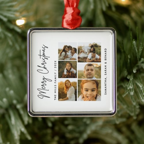 Minimal Merry Christmas Script  Family  6 Photos Metal Ornament