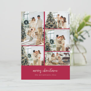 Minimal Merry Christmas Script Photo Collage Red Holiday Card