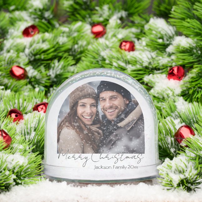 Minimal Merry Christmas Two Family Photo  Snow Globe (Christmas)