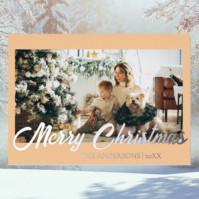 Minimal Merry Christmas Warm Peach Photo Family Foil Holiday Card (Creator Uploaded)