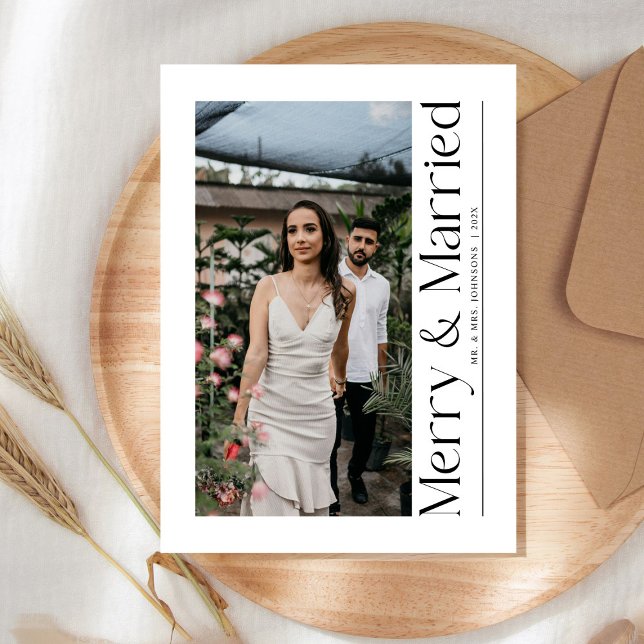 Minimal Merry & Married Christmas Photo Newlyweds Holiday Card (Creator Uploaded)
