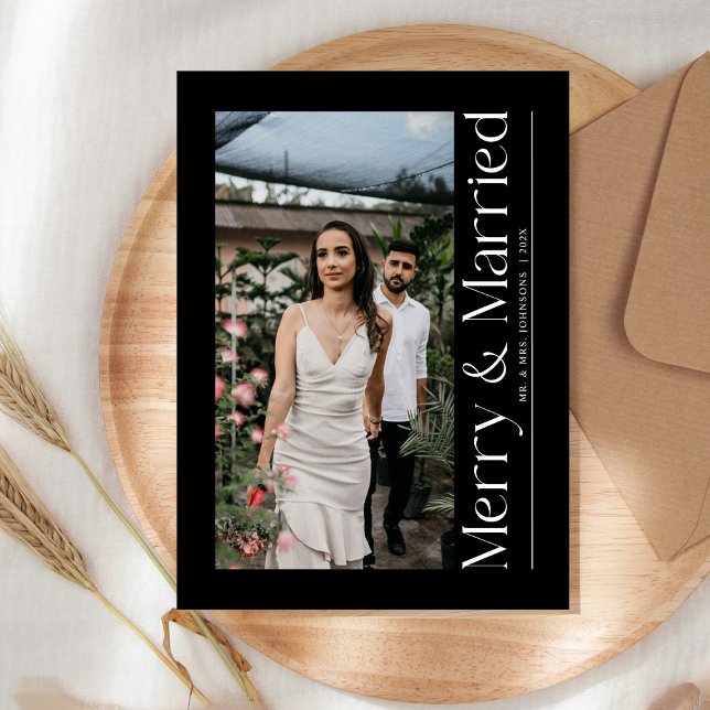 Minimal Merry & Married Christmas Photo Newlyweds Holiday Card (Creator Uploaded)