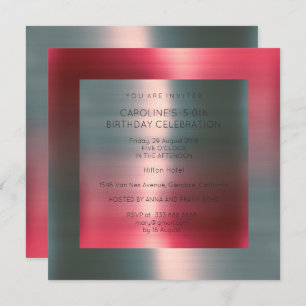 Minimal Metallic Pink Red Silver Birthday Party Invitation