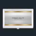 Minimal metallic silver texture gold accent business card case<br><div class="desc">Slick minimal metallic silver texture brushed aluminum look texture with gold stripes accent,  customizable discrete monogram—simple,  elegant modern design.</div>