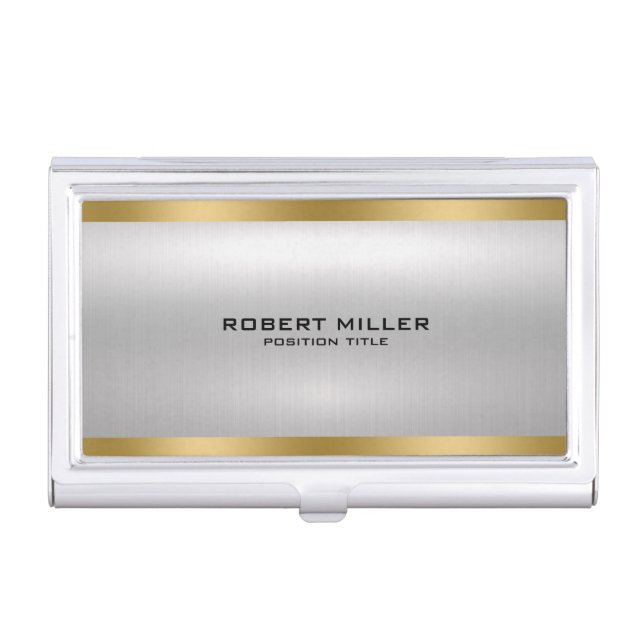 Minimal metallic silver texture gold accent business card case (Front)