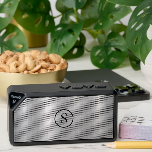 Minimal metallic silver texture monogram bluetooth speaker (Insitu(Table))