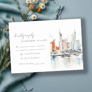 Minimal Miami Florida Skyline Watercolor Wedding RSVP Card