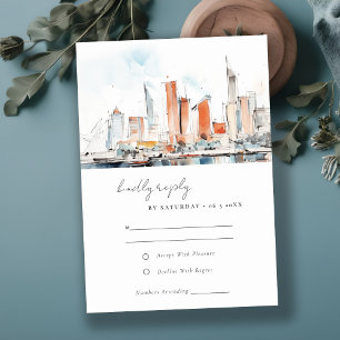Minimal Miami Florida Skyline Watercolor Wedding RSVP Card
