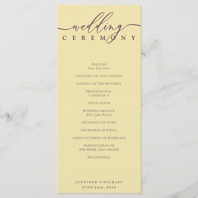 Minimal Midnight Fig Script Wedding Ceremony Program (Front)