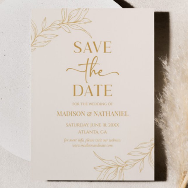 Minimal Minimalist Beige Gold Branch Leaf Wedding Save The Date (Creator Uploaded)