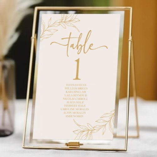 Minimal Minimalist Beige Gold Branch Leaf Wedding Table Number