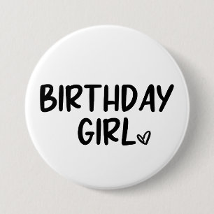 Minimal Minimalist Birthday Girl Black White Plain Button