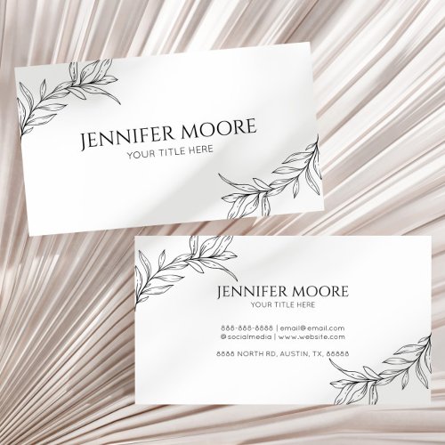 Minimal Minimalist Black White Branch Leaf Business Card