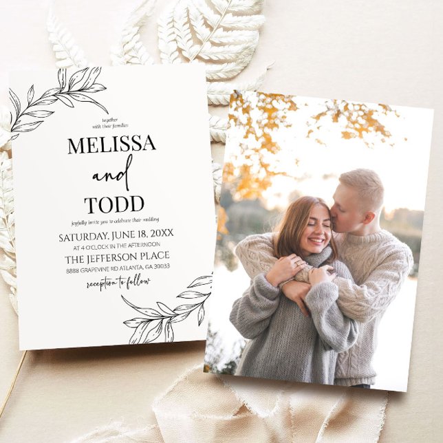 Minimal Minimalist Black White Branch Leaf Wedding Invitation (Creator Uploaded)