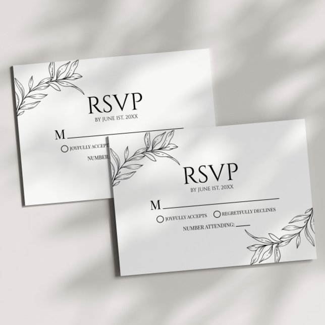 Minimal Minimalist Black White Branch Leaf Wedding RSVP Card (Creator Uploaded)