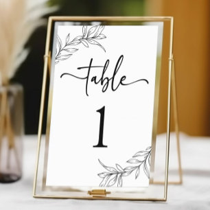 Minimal Minimalist Black White Branch Leaf Wedding Table Number