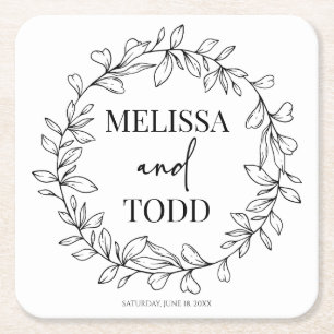 Minimal Minimalist Branch and Leaf Wreath Wedding Square Paper Coaster