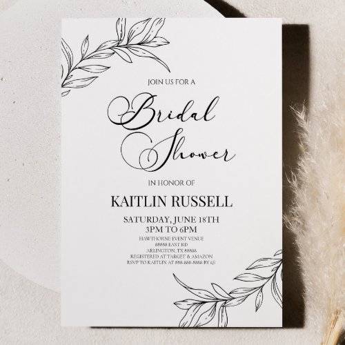 Minimal Minimalist Branch Leaves Bridal Shower  Invitation