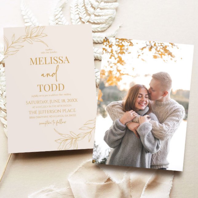 Minimal Minimalist Gold Beige Branch Leaf Wedding Invitation (Creator Uploaded)