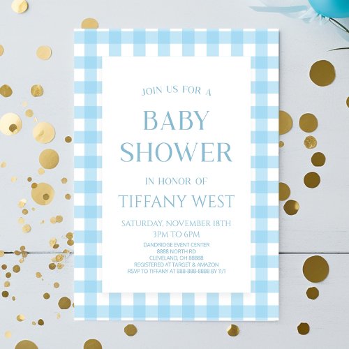 Minimal Minimalist Modern Blue Plaid Baby Shower Invitation