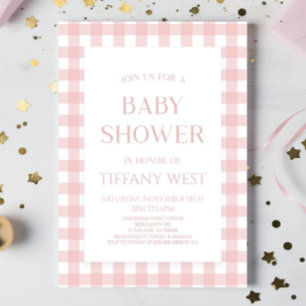 Minimal Minimalist Modern Pink Plaid Baby Shower Invitation
