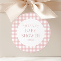 Minimal Minimalist Pink Plaid Baby Shower Classic Round Sticker