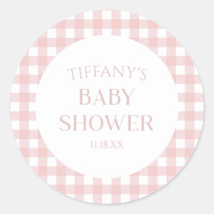 Minimal Minimalist Pink Plaid Baby Shower Classic Round Sticker