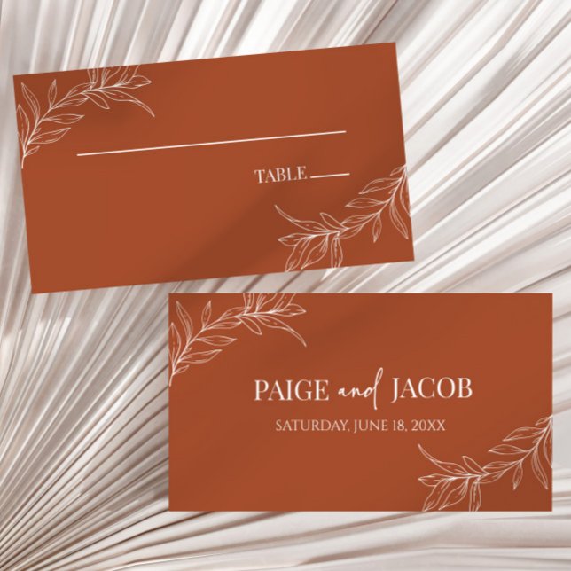 Minimal Minimalist Terracotta Branch Leaf Wedding Place Card (Creator Uploaded)