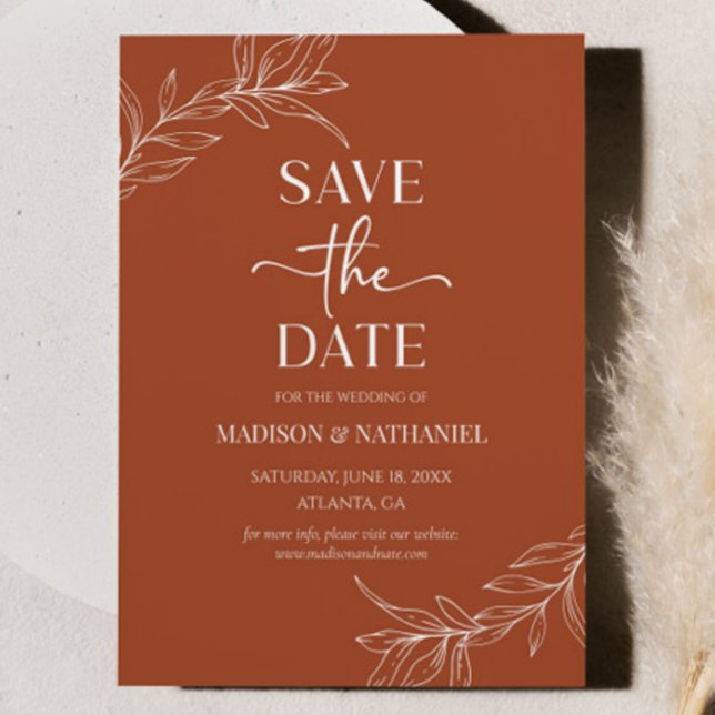 Minimal Minimalist Terracotta Branch Leaf Wedding Save The Date (Creator Uploaded)