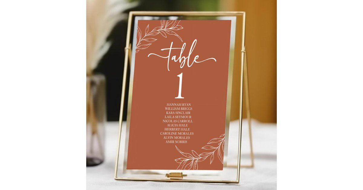 Minimal Minimalist Terracotta Branch Leaf Wedding Table Number | Zazzle