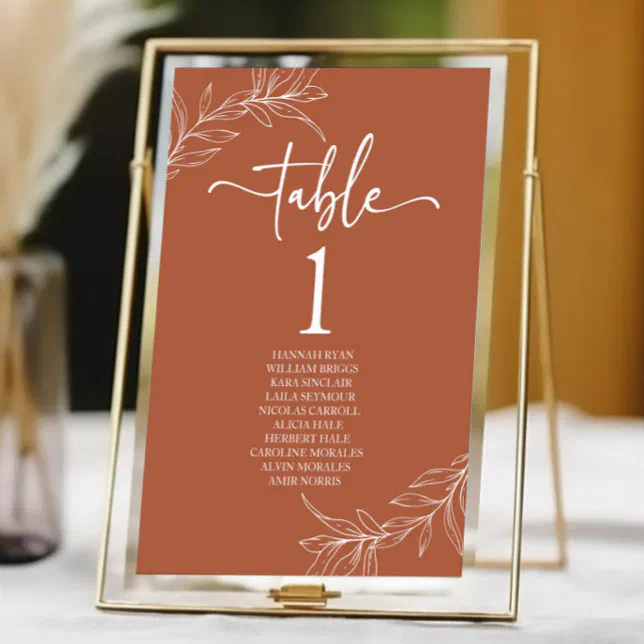 Minimal Minimalist Terracotta Branch Leaf Wedding Table Number | Zazzle