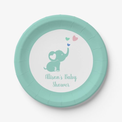 Minimal Mint Green Elephant Cute Baby Shower Paper Plates
