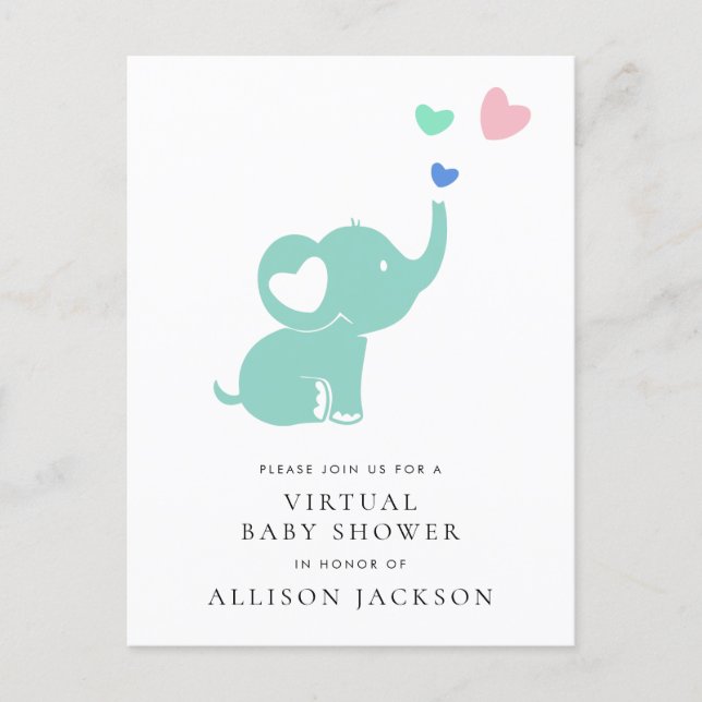 Minimal Mint Green Elephant Virtual Baby Shower Invitation Postcard (Front)