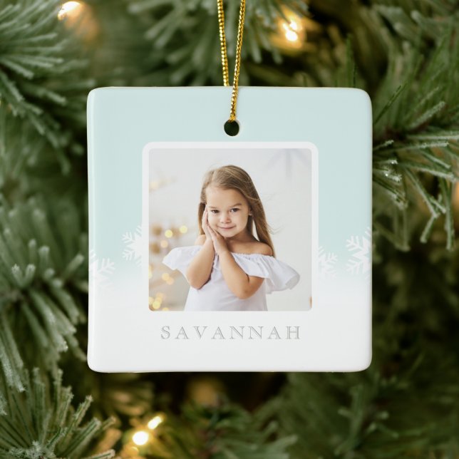 Minimal Mint Green Ombre & Snowflake Two Photo Ceramic Ornament (Tree)