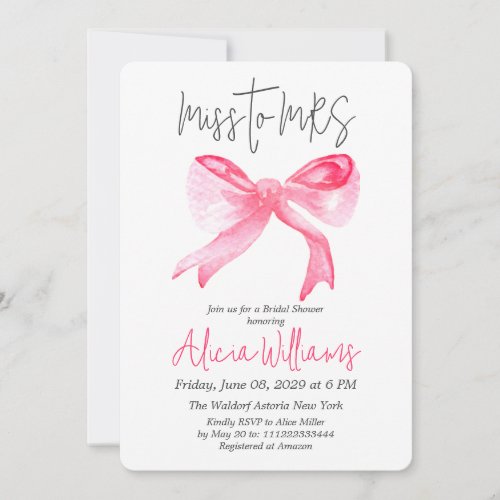 Minimal Miss to MRS Ribbon Pink Bow Bridal Shower Invitation