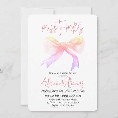 Minimal Miss to MRS Ribbon Pink Bow Bridal Shower Invitation