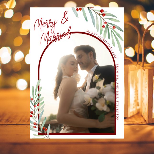 Minimal Mistletoe Newlyweds Arch Photo Christmas Holiday Card (Creator Uploaded)