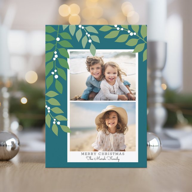 Minimal modern 2 photo - botanical teal green holiday card (A festive botanical holiday card with 2 photos)