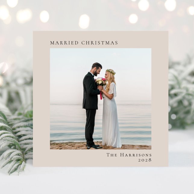 Minimal Modern 2 Photo Married Christmas Taupe Holiday Card (A beautiful and unique photo card to announce your marriage to family + friends this holiday season)