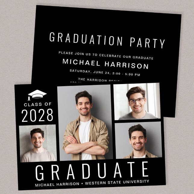 Minimal Modern 4 Photo Black Graduation Party Invitation (Creator Uploaded)