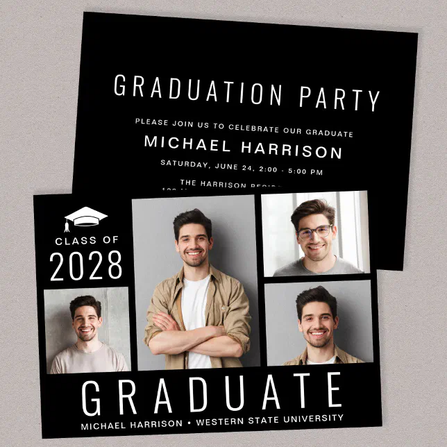 Minimal Modern 4 Photo Black Graduation Party Invitation | Zazzle