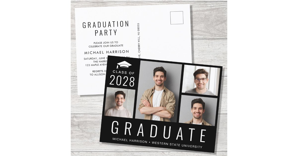 Minimal Modern 4 Photo Black Graduation Party Invitation Postcard | Zazzle