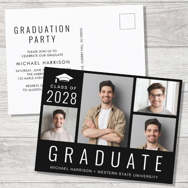 Minimal Modern 4 Photo Black Graduation Party Invitation Postcard (Creator Uploaded)