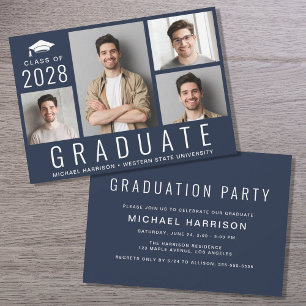 Minimal Modern 4 Photo Blue Graduation Party Invitation