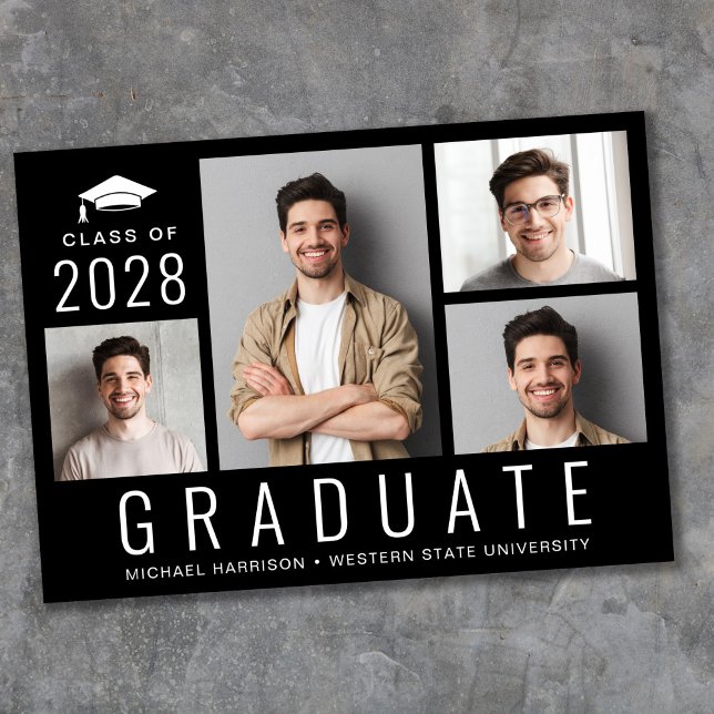 Minimal Modern 4 Photo Collage Black Graduation Announcement (Creator Uploaded)