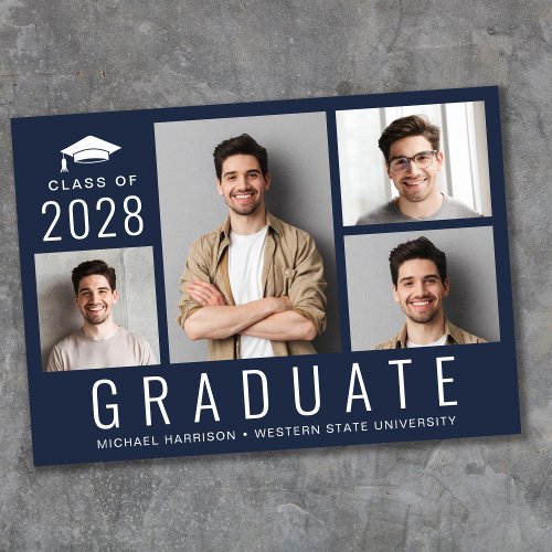 Minimal Modern 4 Photo Collage Blue Graduation Announcement