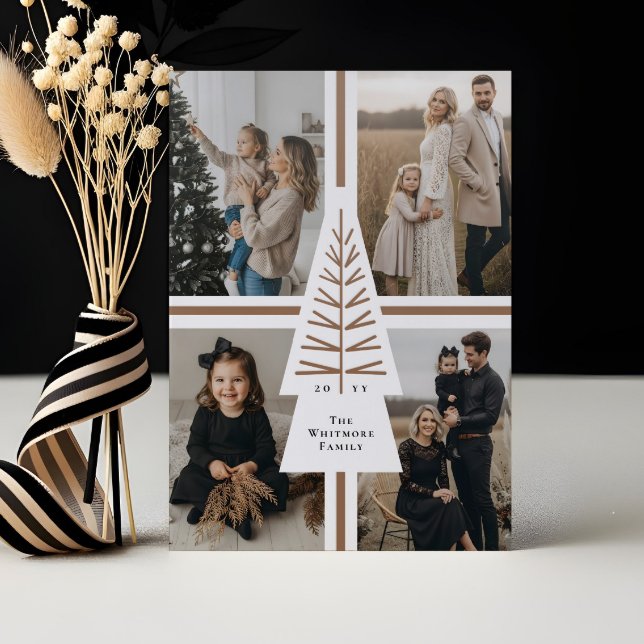 Minimal Modern 4 Photo Grid Pine Tree Christmas Letterpress Photo Cards (Minimal Modern 4 Photo Grid Pine Tree Christmas Letterpress Photo Cards)