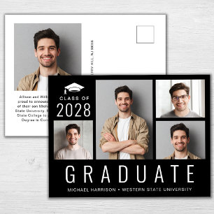 Minimal Modern 5 Photo Collage Black Graduation Announcement Postcard