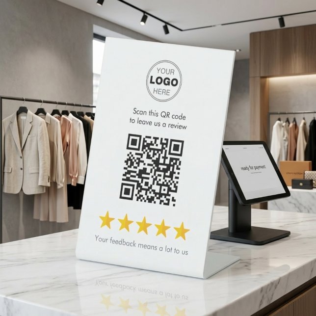 Minimal Modern 5-Star Business Review QR Code Pedestal Sign (Boost Business Reviews: Minimalist QR Code Pedestal Sign for Counters)