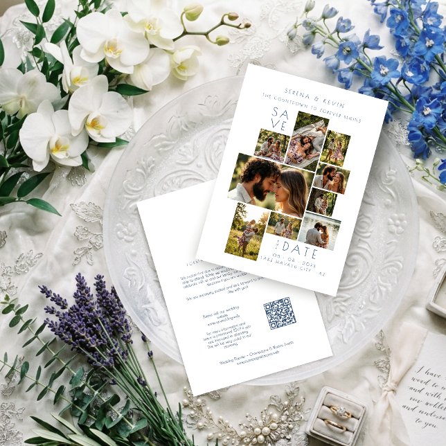 Minimal Modern 9 Photo Wedding Collage Blue TLW2 Note Card (Minimalist 9 Photo Collage Wedding Save The Date Card.)